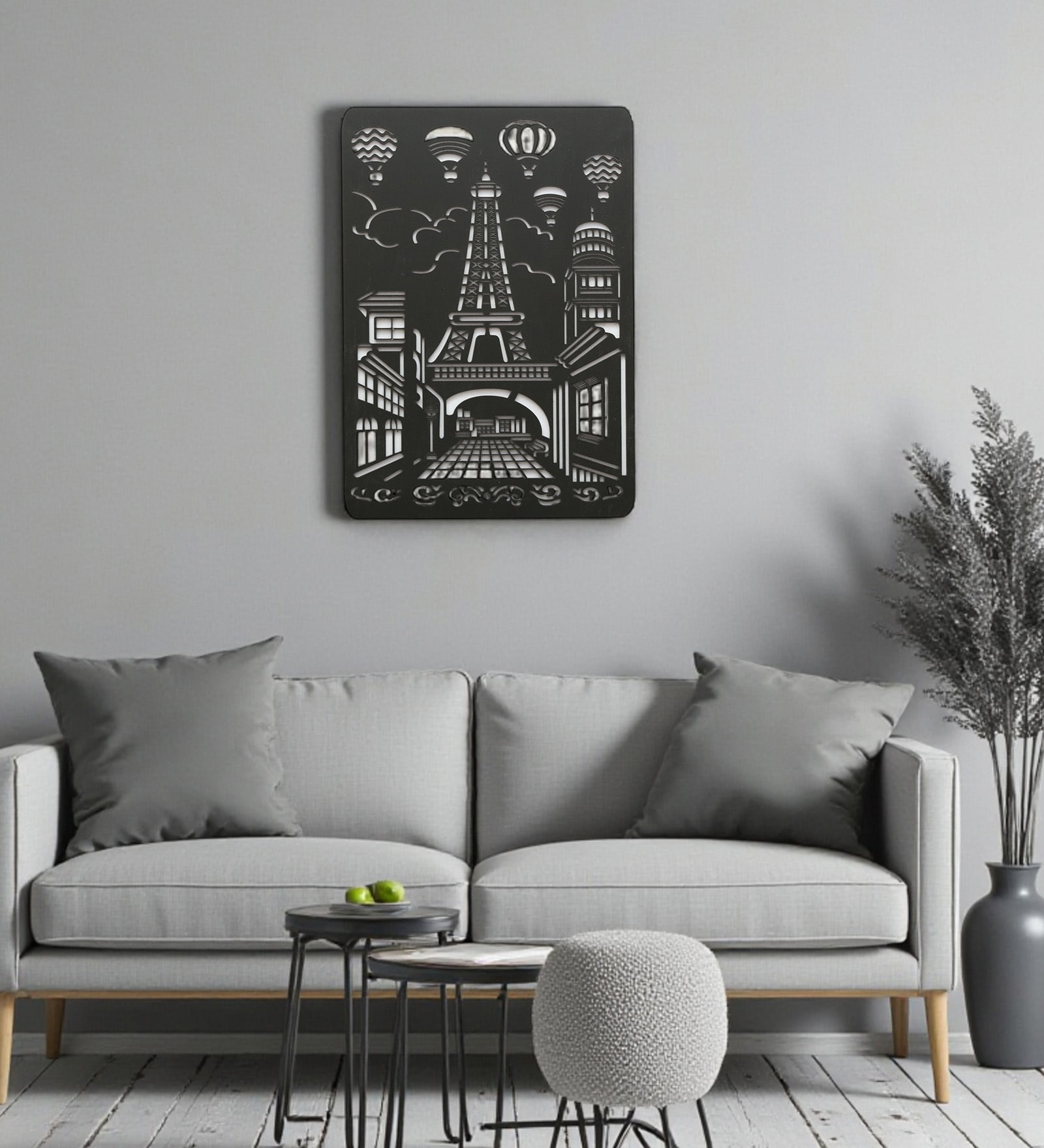 Engineering Wood Laser Cut Eiffel Tower Wall Art In Black & White Finish