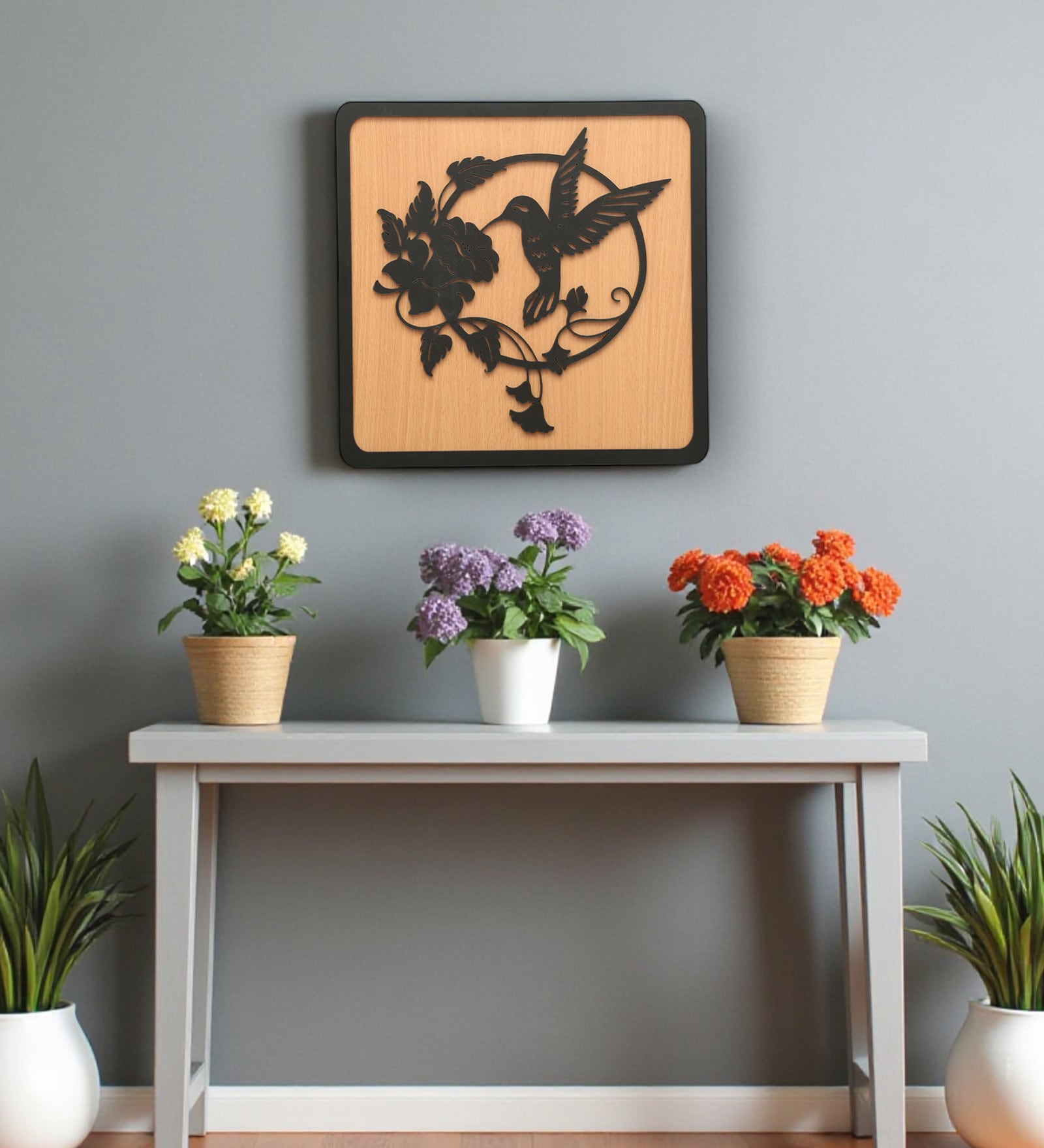 Engineering Wood Laser Cut Flower With Hummingbird Design Wall Art In Black & Brown Finish