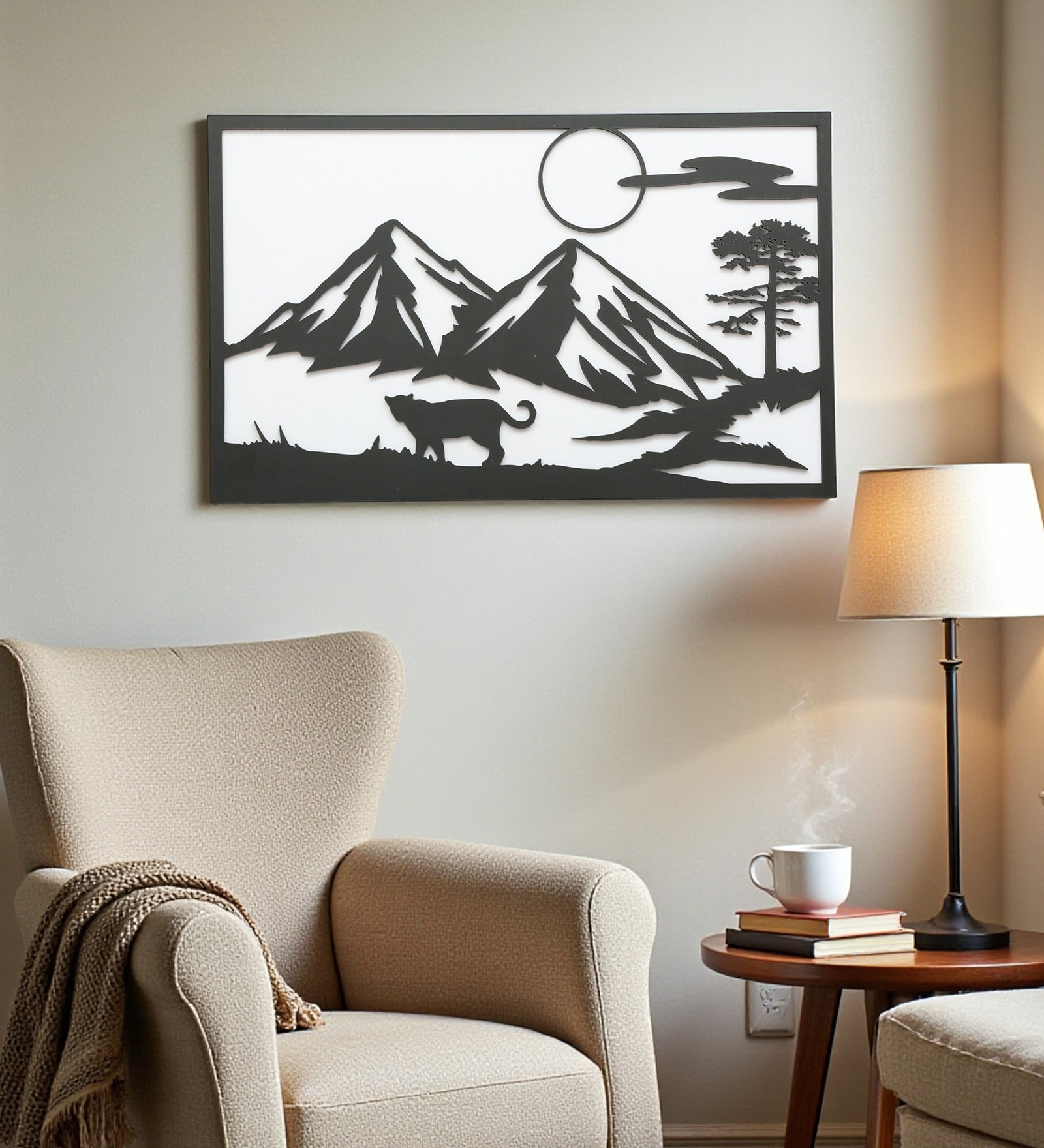 Engineering Wood Laser Cut Nature Design Wall Art In Black & White Finish