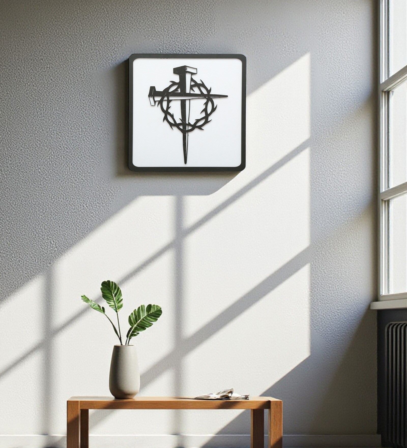 Engineering Wood Laser Nail Cross Design Wall Art In Black & White Finish