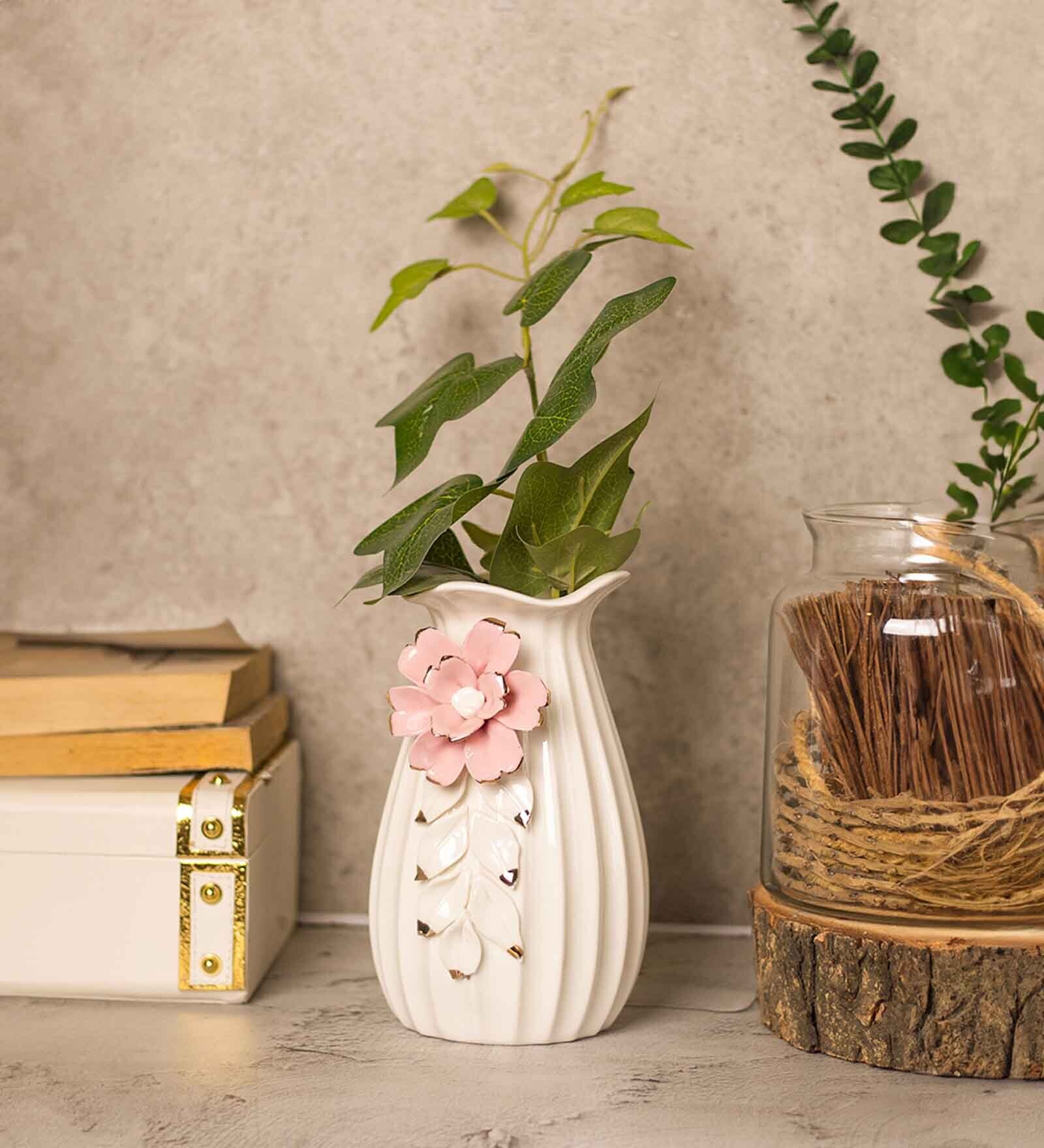 Engraved Floral Pattern Off White Ceramic Vase
