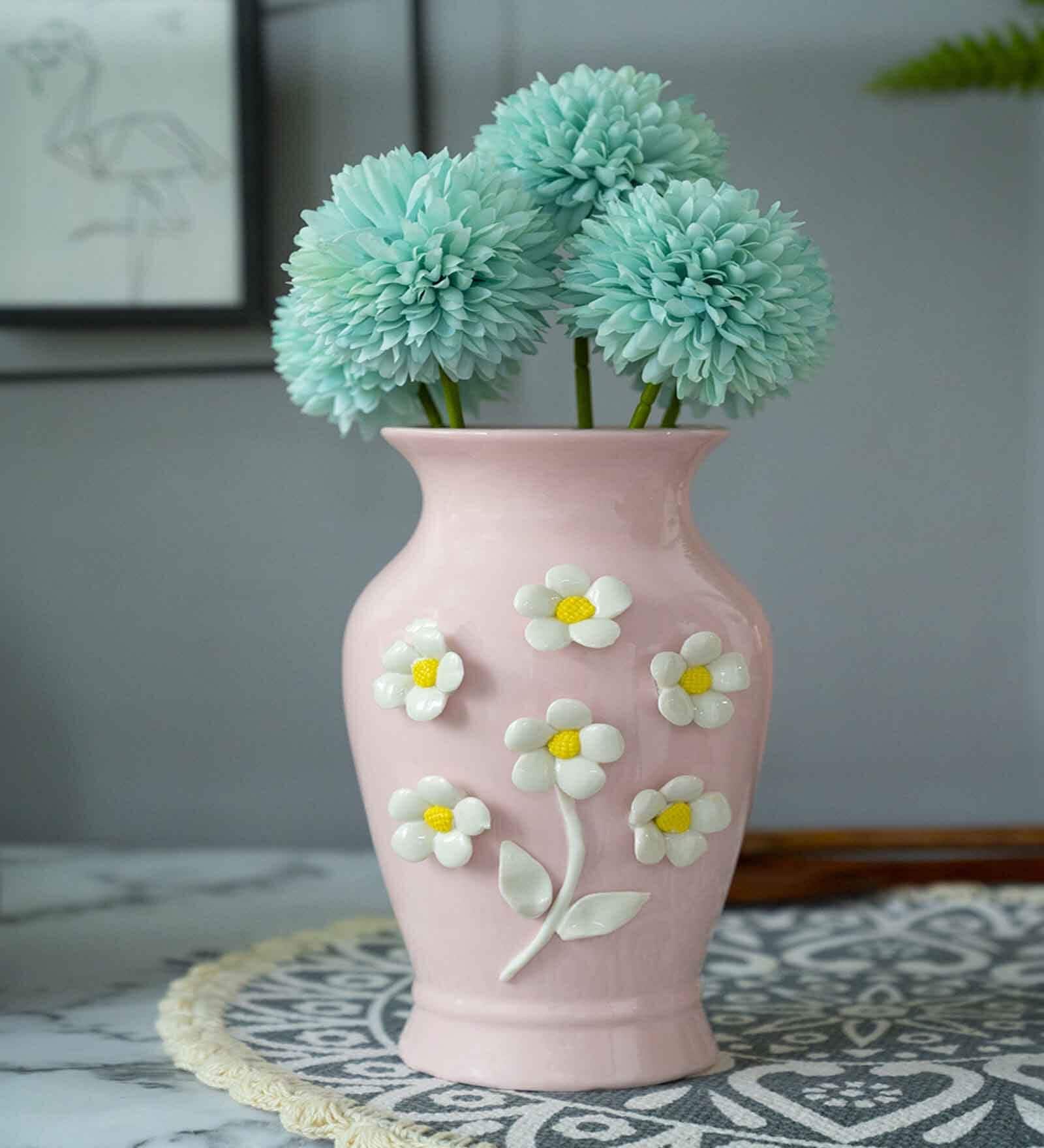 Engraved Floral Pattern Pink Ceramic Vase