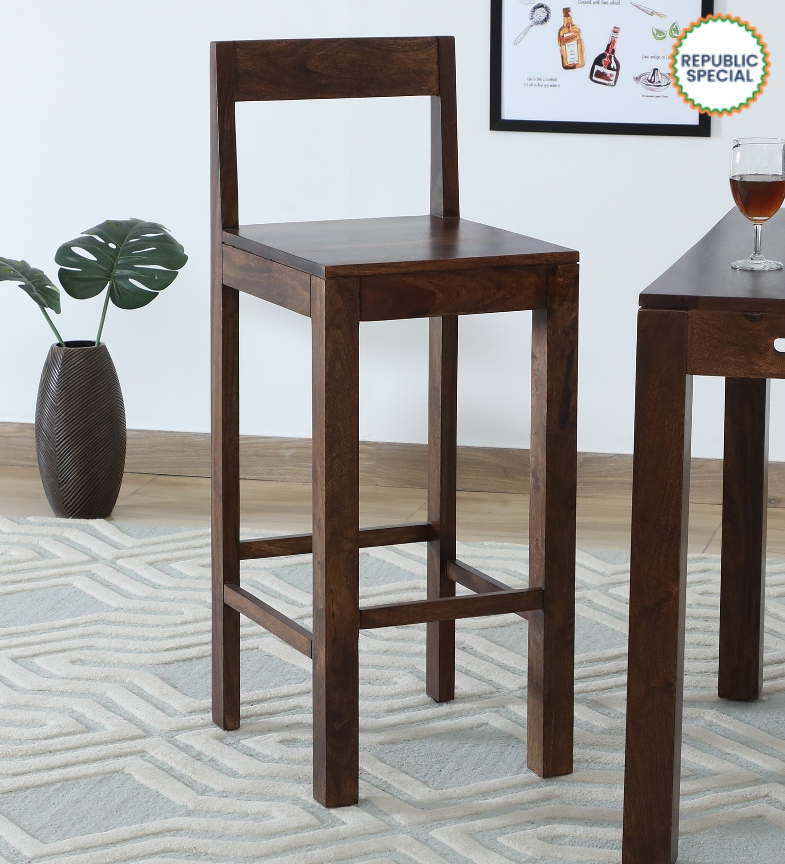 Enkel Sheesham Wood Bar Chair In Provincial Teak Finish