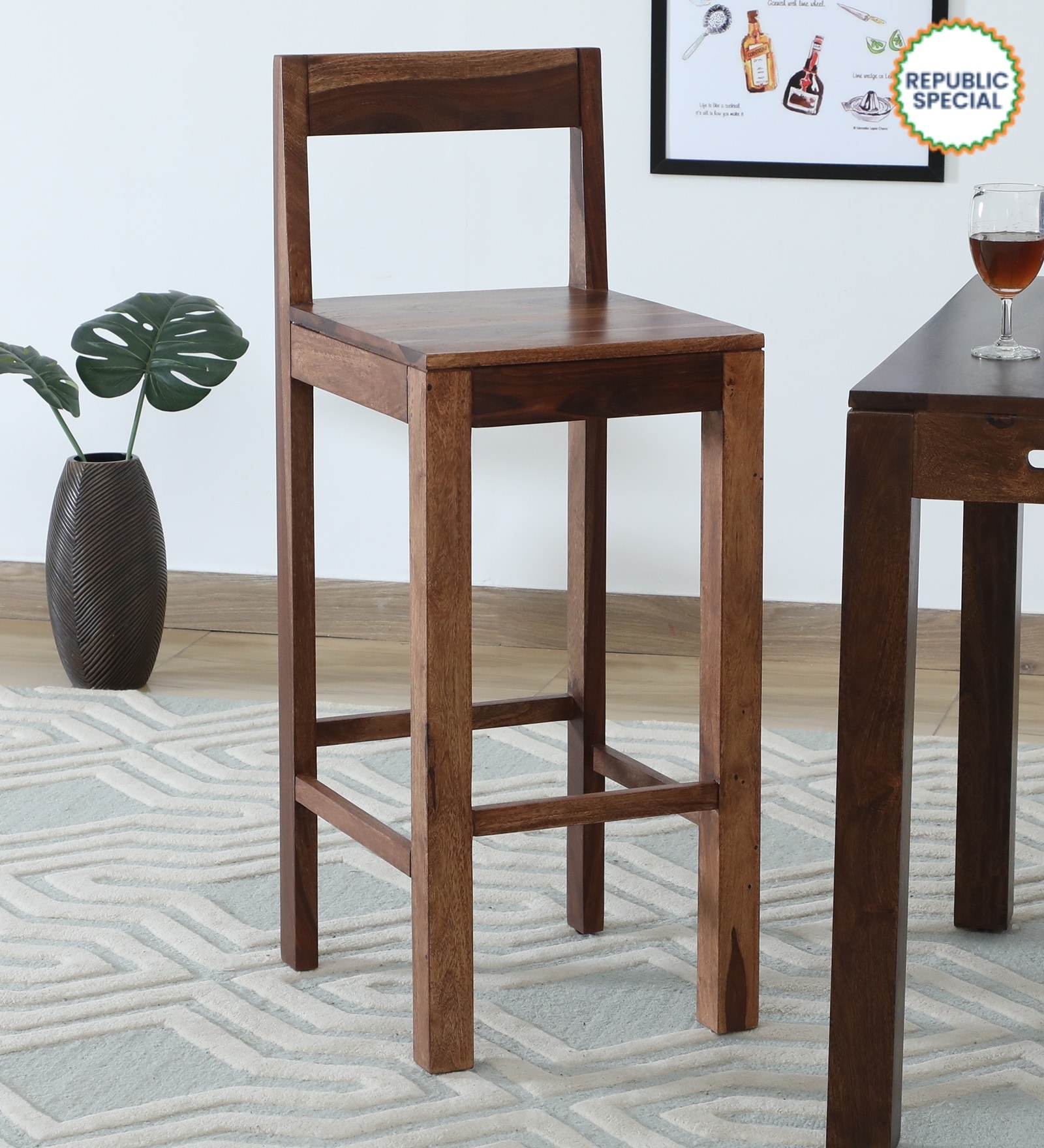 Enkel Sheesham Wood Bar Chair In Scratch Resistant Rustic Teak Finish