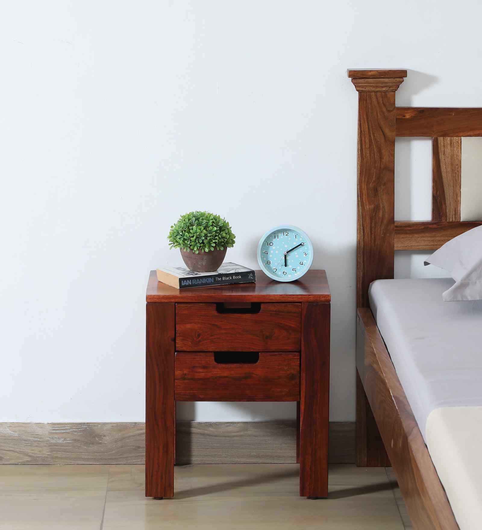 Enkel Sheesham Wood Bedside Table in Scratch Resistant Honey Oak Finish With Drawers