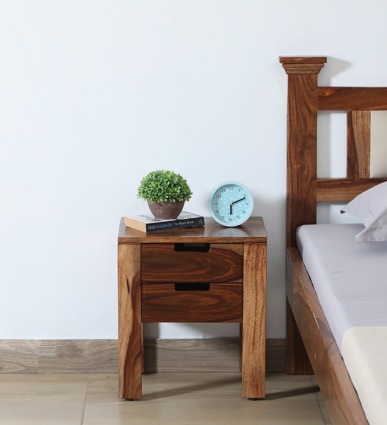 Enkel Sheesham Wood Bedside Table in Scratch Resistant Rustic Teak Finish With Drawers