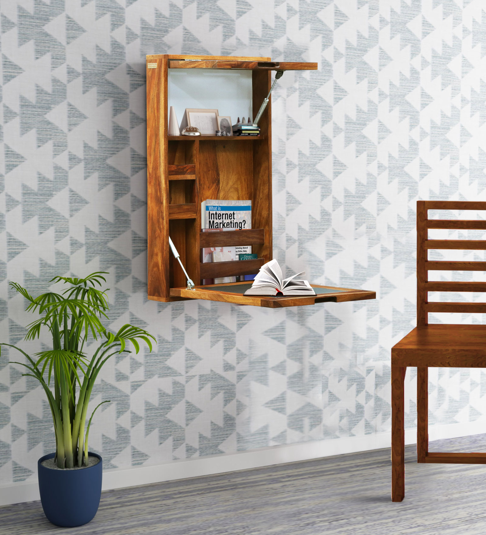 Enkel Sheesham Wood Wall Mounted Writing Table in Rustic Teak Finish