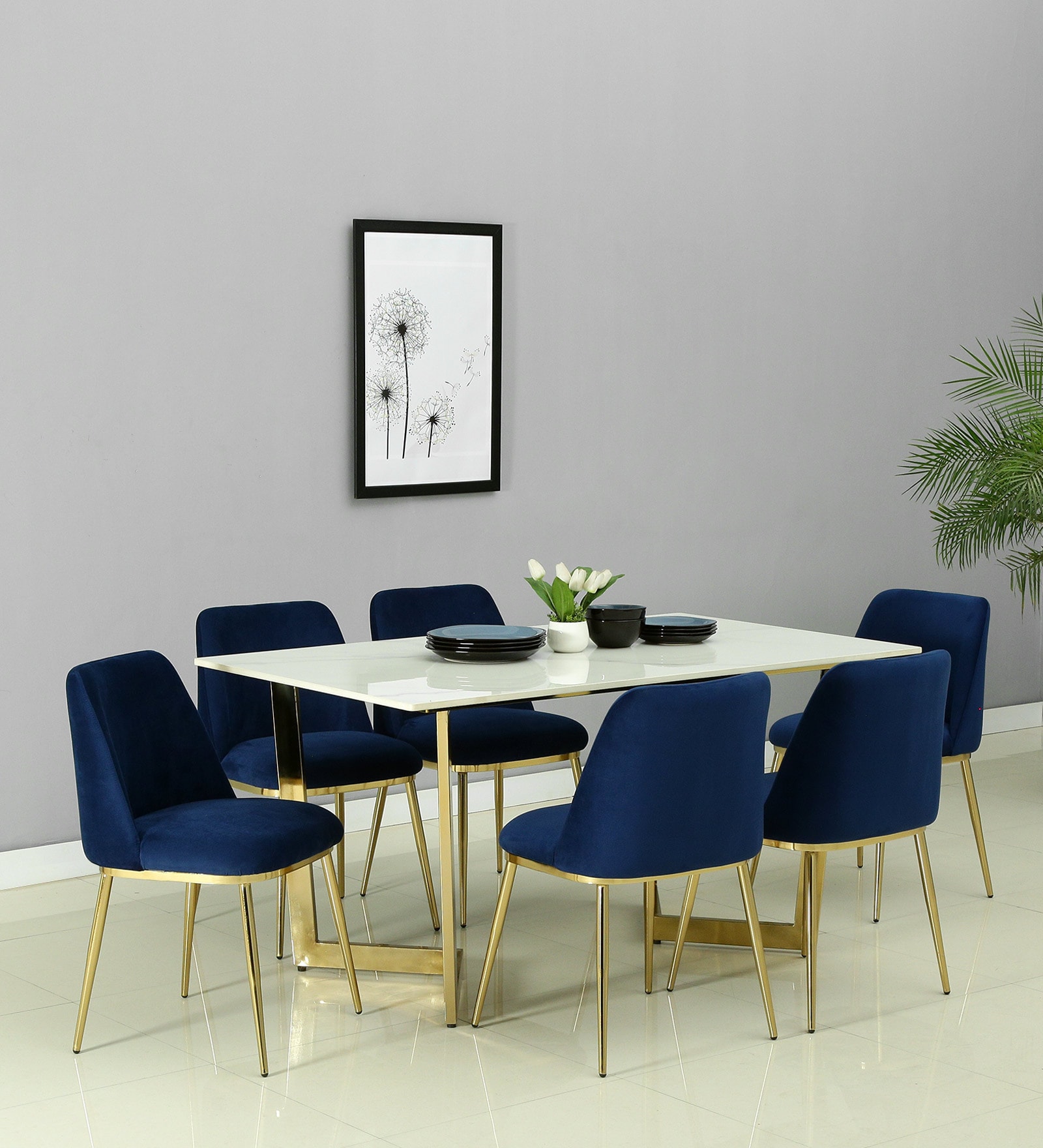 Enrico 6 Seater Dining Set With Porcelain Top & Golden Base