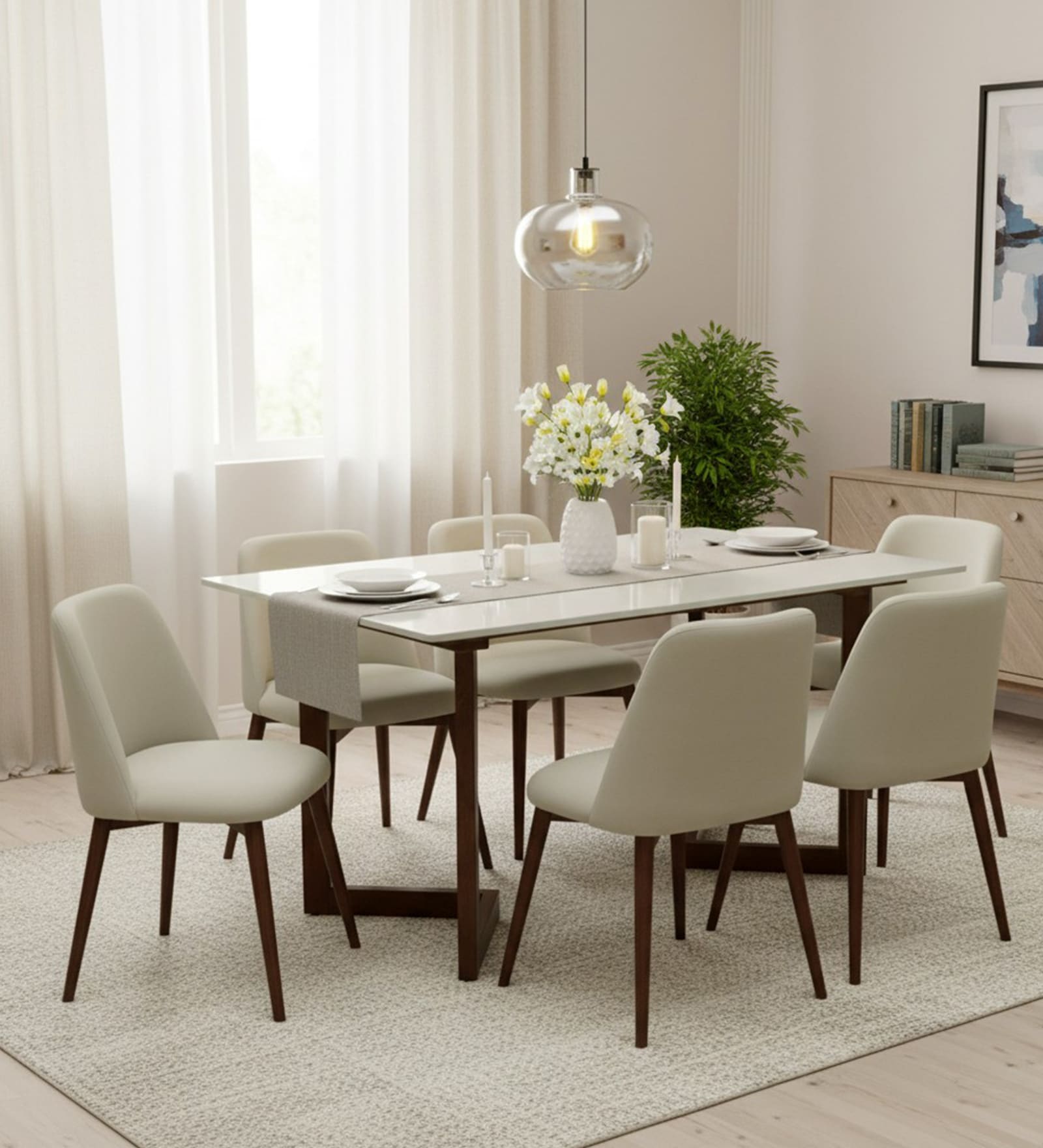 Enrico Mango wood  6 Seater Dining  Set With  White Porcelain Top