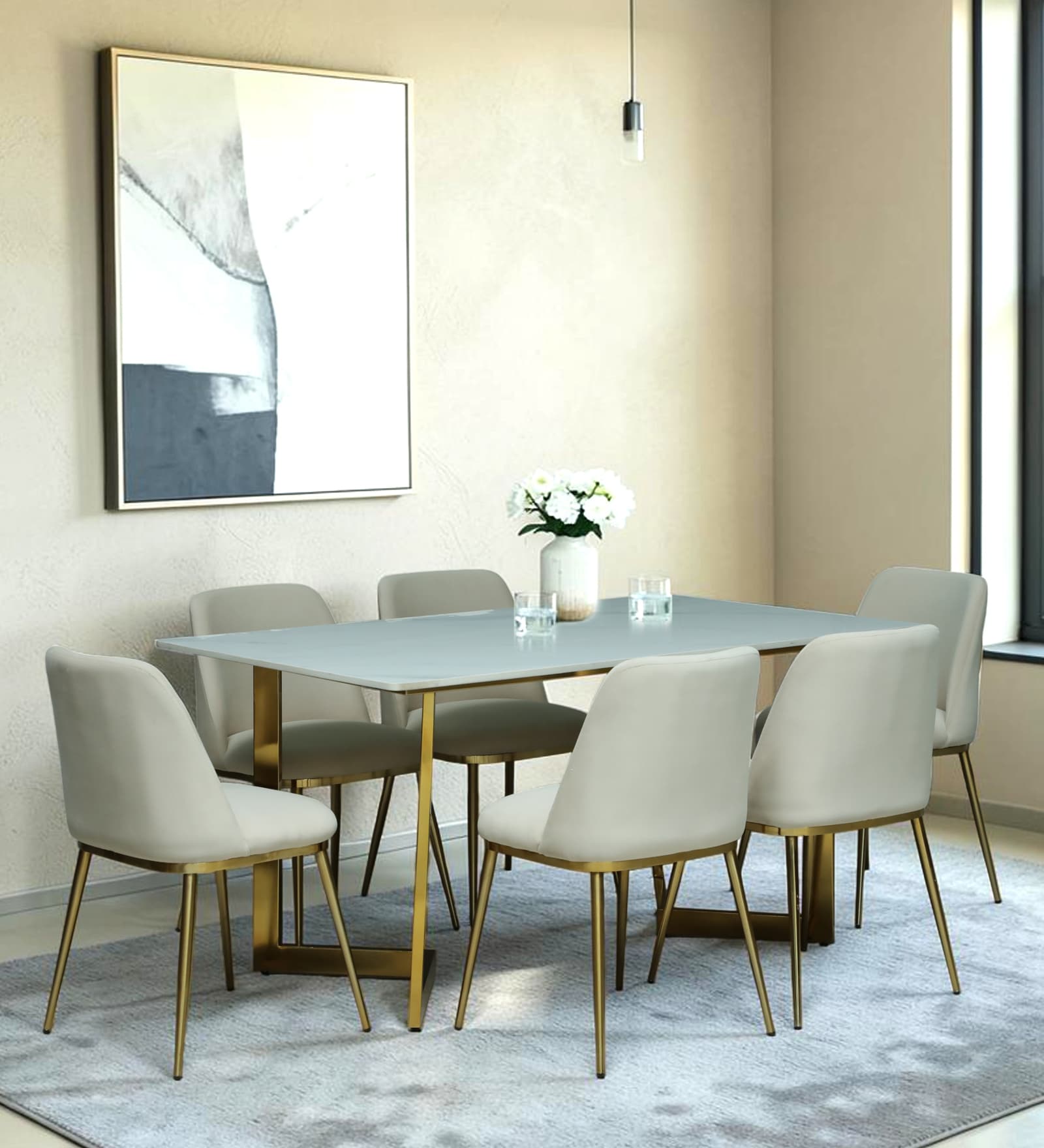 Enrico Metal  6 Seater Dining  Set With  White Porcelain Top