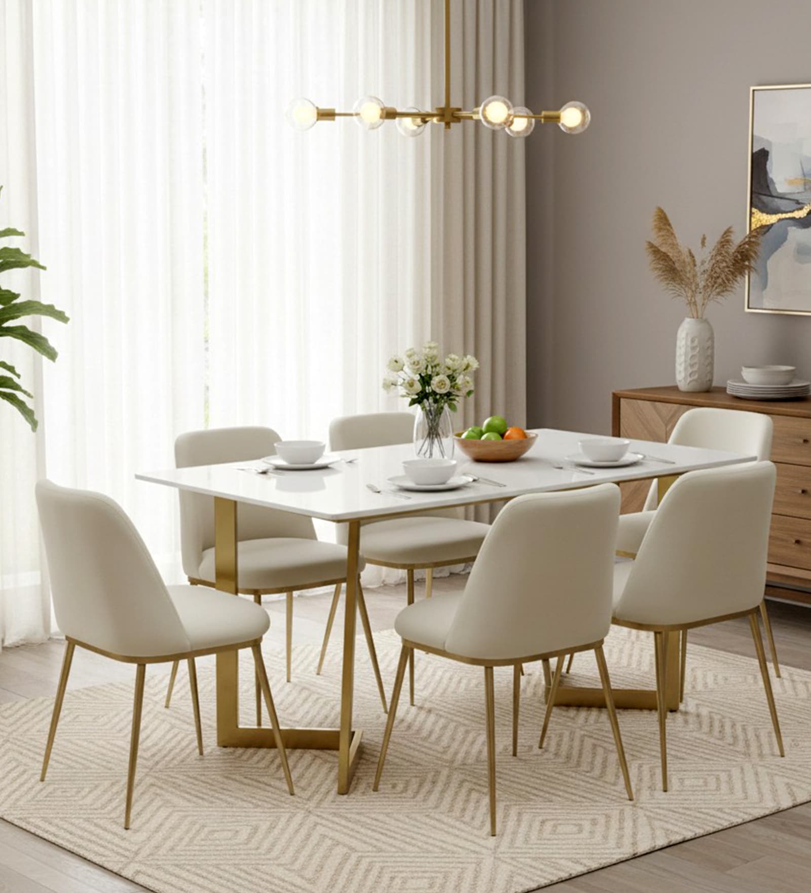 Enrico Metal  6 Seater Dining  Set With  White Porcelain Top