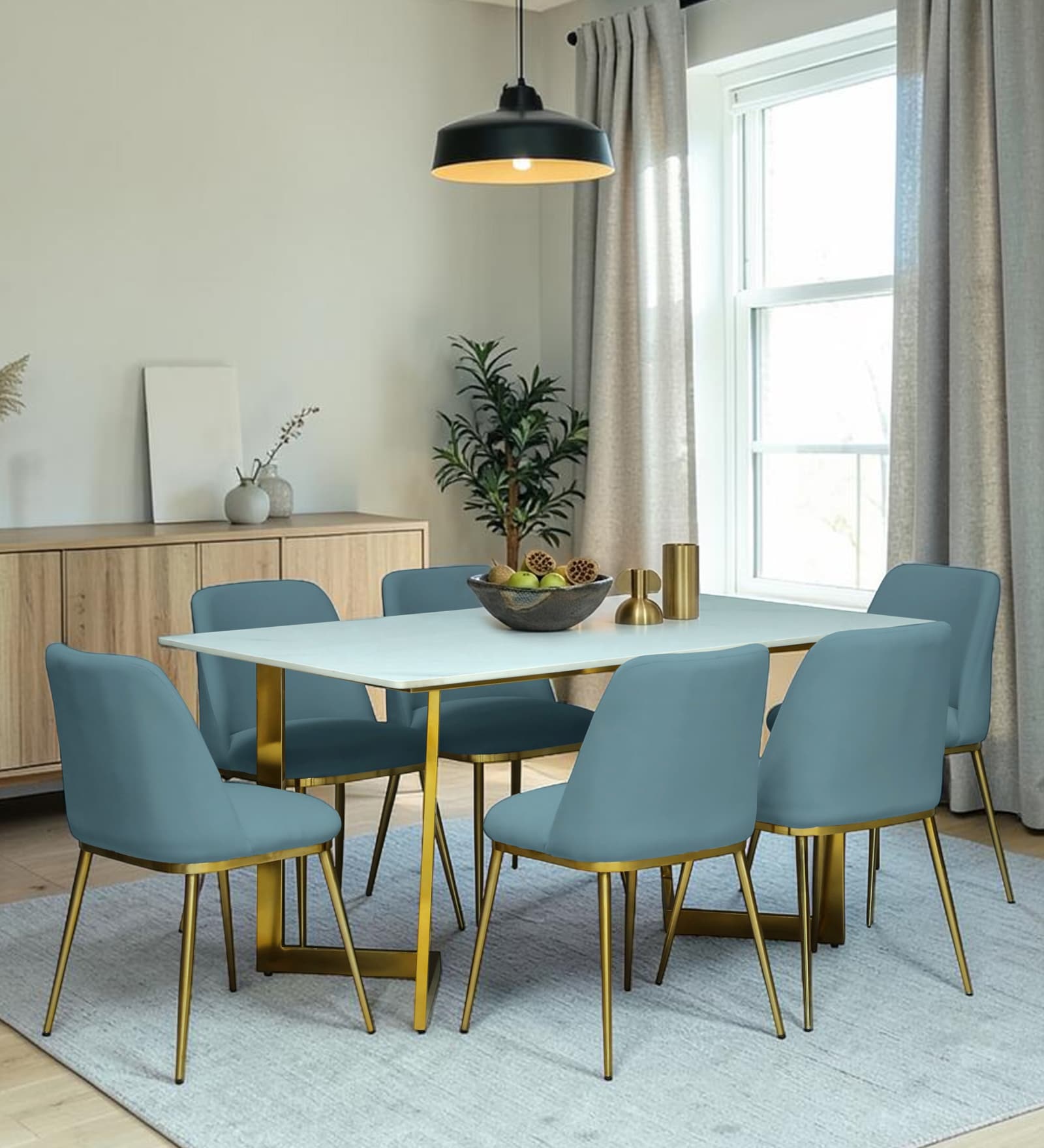 Enrico Metal  6 Seater Dining  Set With  White Porcelain Top