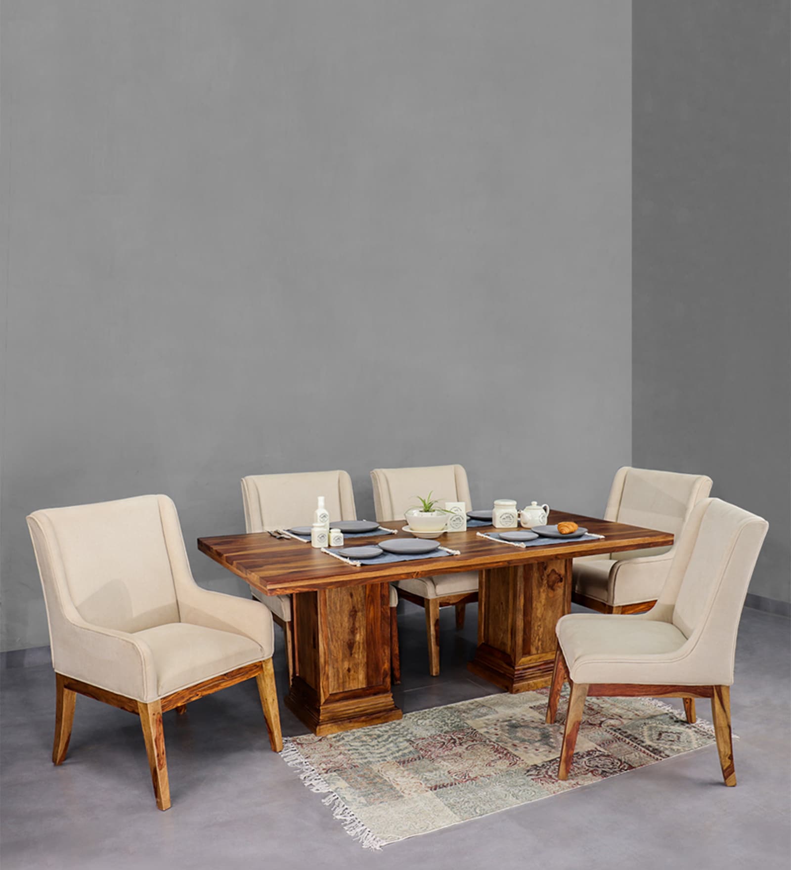 Enrico Sheesham Wood 6 Seater Dining Set in Teak Finish