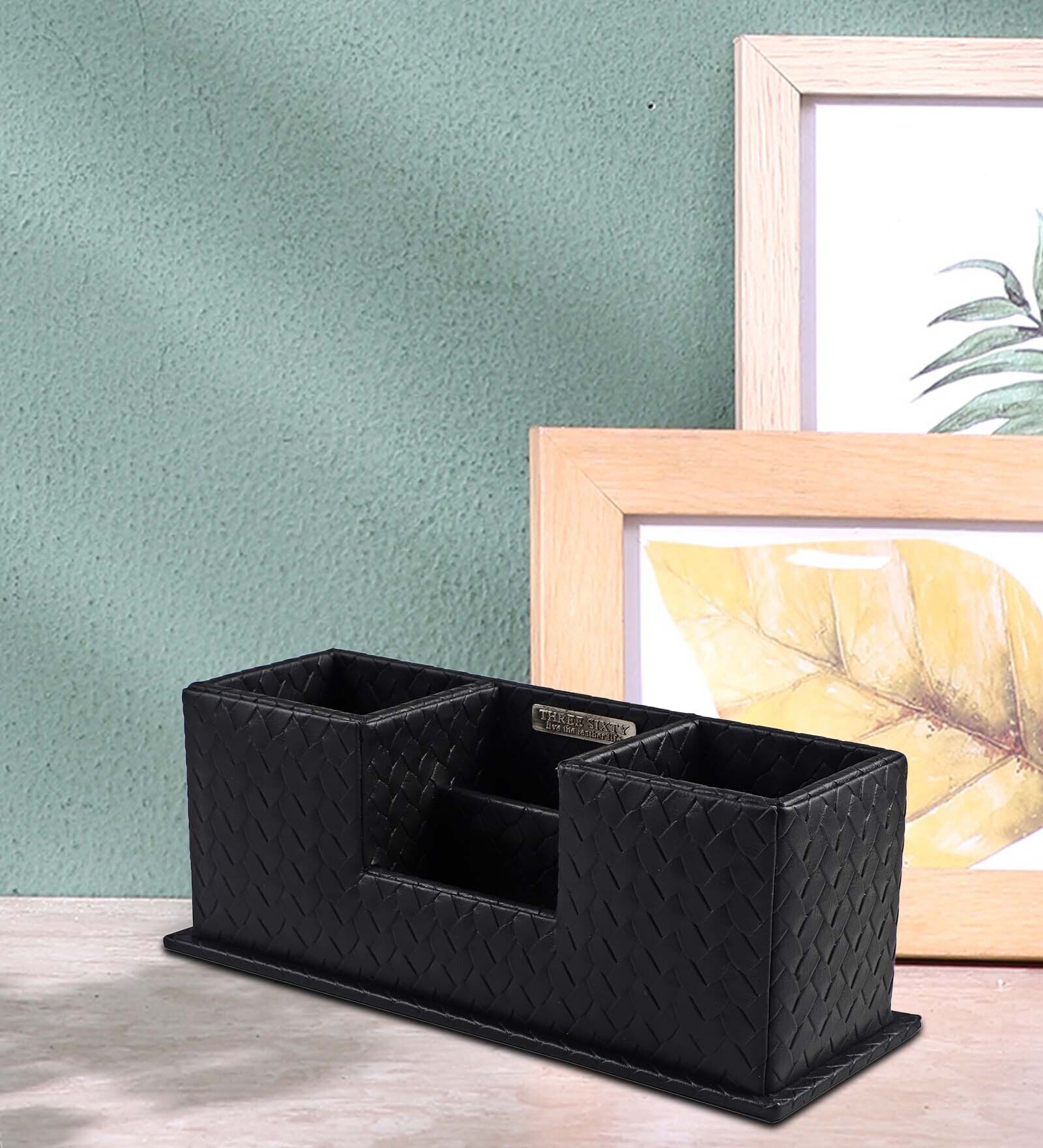 Entwine Black Vegan Leather Desk Organizer Tray with 4 Compartment