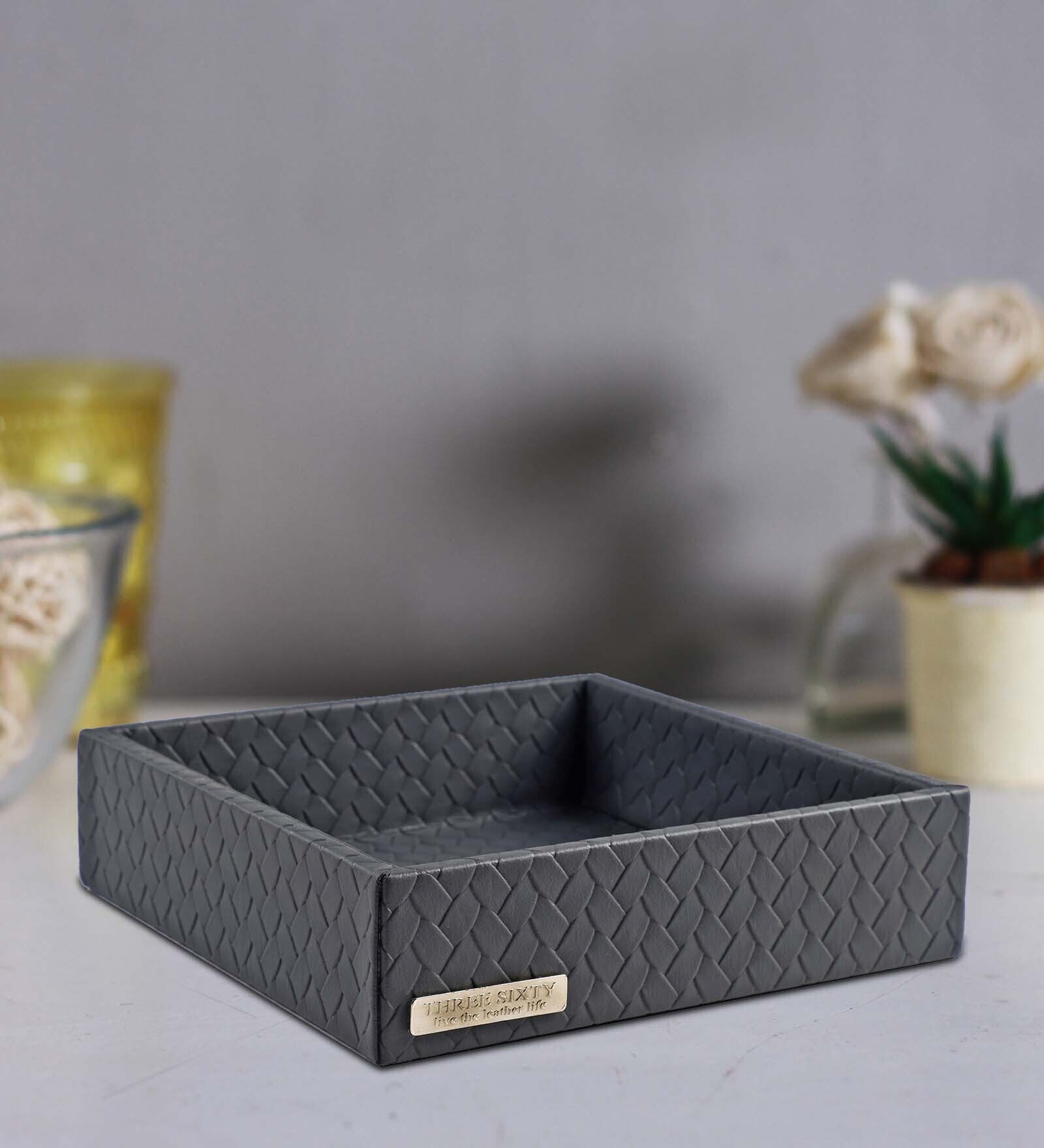 Entwine Grey Leather Serving Tray