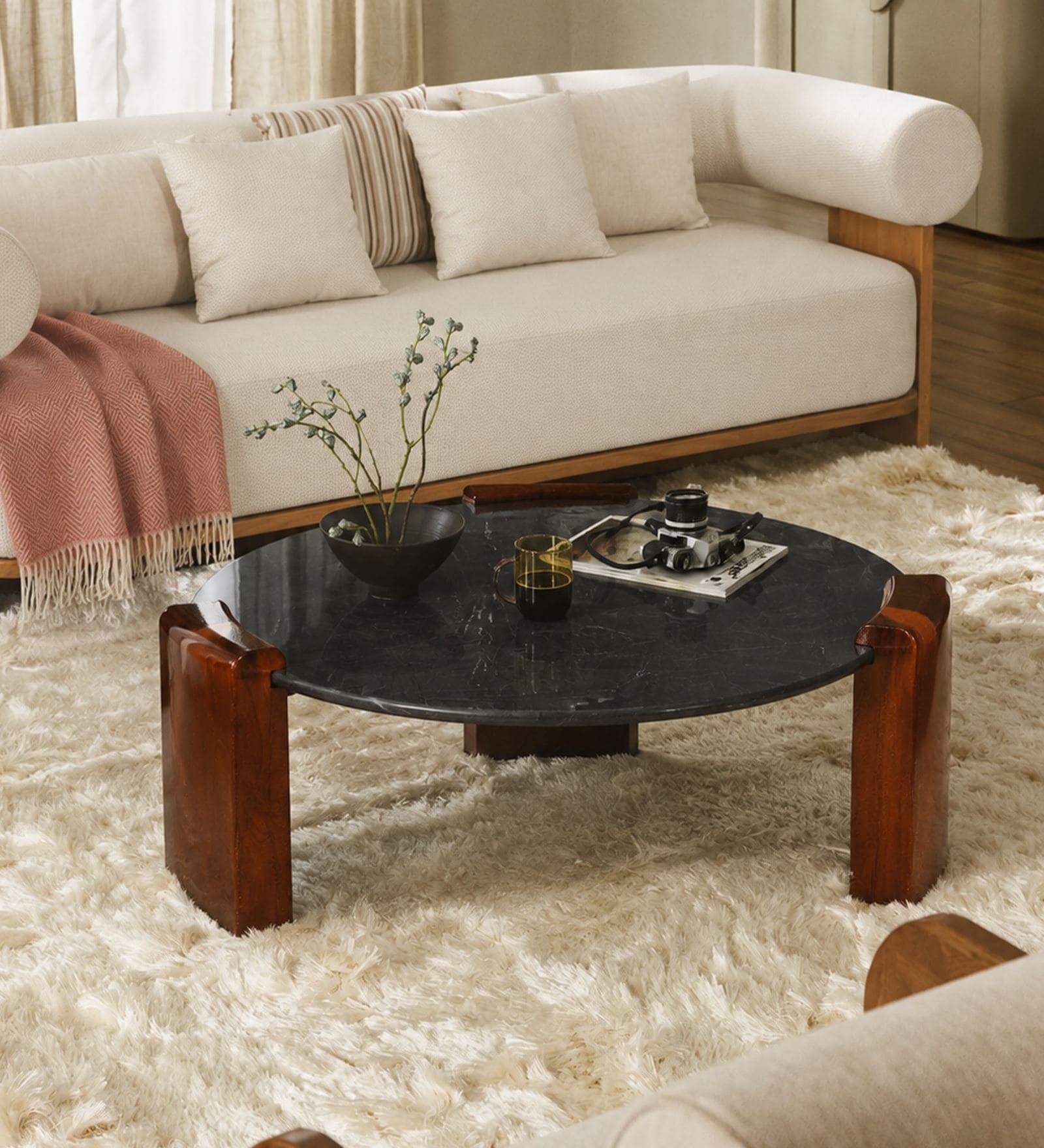 Enzo Coffee Table With Marine Black Marble In Glossy Walnut Finish