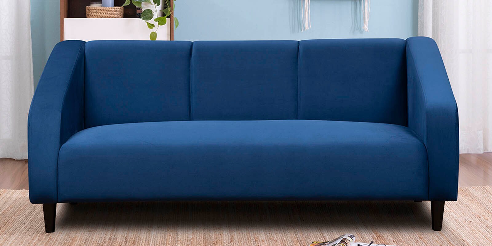 Buy Enzzo Velvet 3 Seater Sofa in Sapphire Blue Colour at 43 OFF by