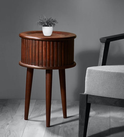 Solid Wood End Table in Brown Finish With Storage