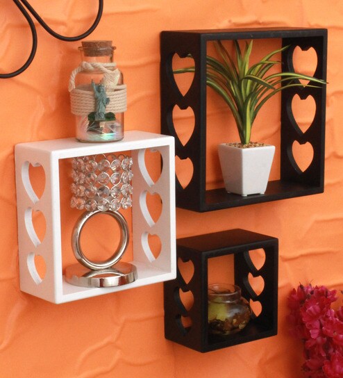 Buy Set Of 3 Engineered Wood Cube Wall Shelf In Black Colour Be