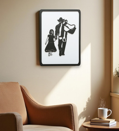 Engineering Wood Laser Cut Cowboy With His Daughter Wall Art In Black & White Finish