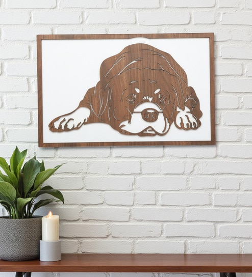 Engineering Wood Laser Cut Cute Dog Wall Art In White & Brown Finish