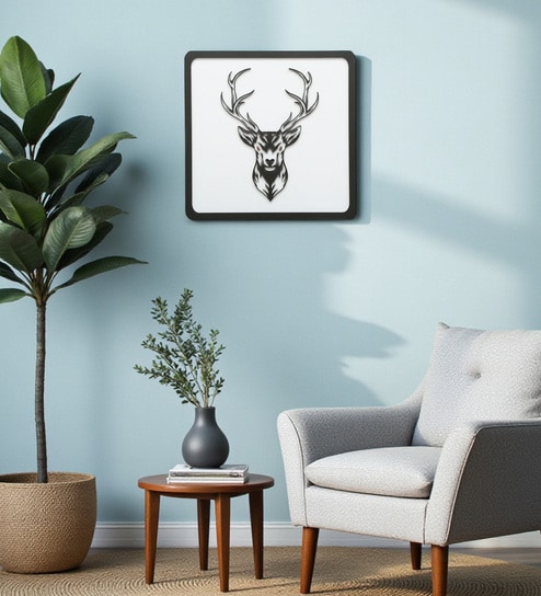 Engineering Wood Laser Cut Deer Design Wall Art In Black & White Finish