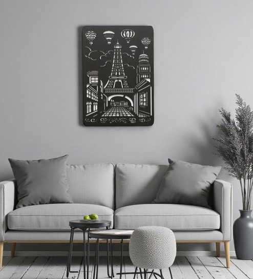 Engineering Wood Laser Cut Eiffel Tower Wall Art In Black & White Finish