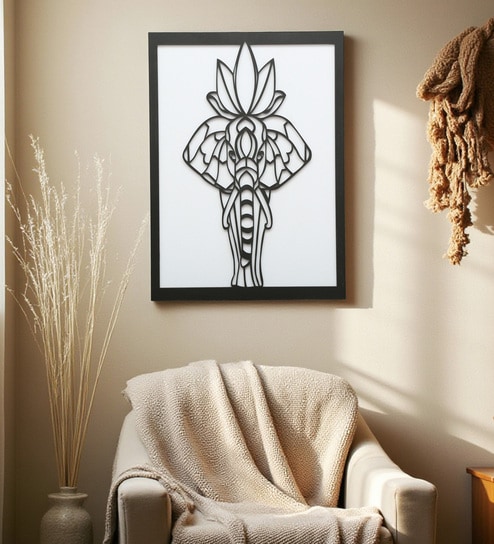 Engineering Wood Laser Cut Elephant Wall Art In Black & White Finish
