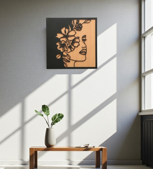 Engineering Wood Laser Cut Flower Face Wire Design Wall Art In Black & Brown Finish