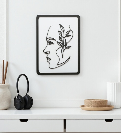 Engineering Wood Laser Cut Human Tree Face Design Wall Art In Black & White Finish