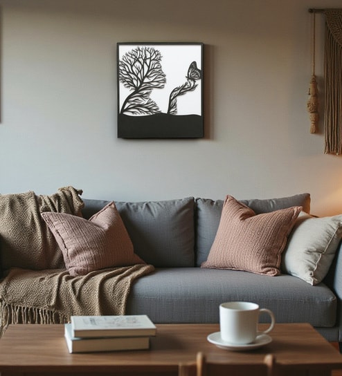 Engineering Wood Laser Cut Human Tree Face Design Wall Art In Black & White Finish