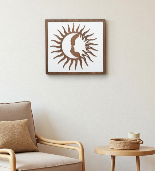 Engineering Wood Laser Cut Sunrise Design Wall Art In Brown & White Finish