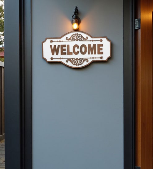 Engineering Wood Laser Cut Well Come Wall Art In Black & Brown Finish