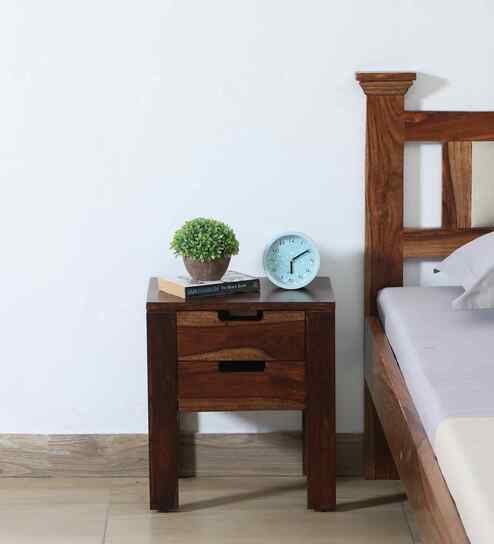 Enkel Sheesham Wood Bedside Table in Scratch Resistant Provincial Teak Finish With Drawers