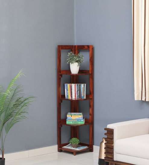 Enkel Sheesham Wood Corner Bookshelf in Scratch Resistant Honey Oak Finish