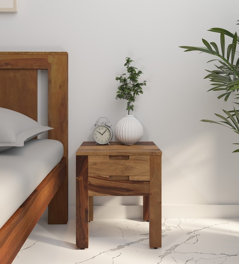 Enkel Sheesham Wood Bedside Table in Scratch Resistant Rustic Teak Finish With Drawers