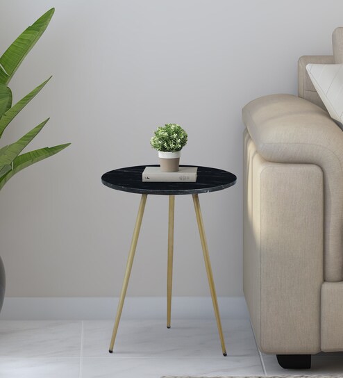 Enrico Metal End Table with Black Marble Top
