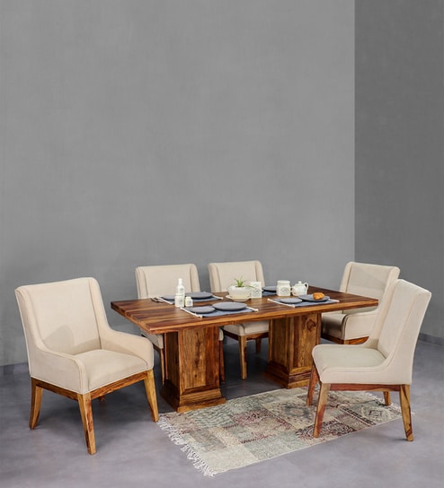 Enrico Sheesham Wood 6 Seater Dining Set in Teak Finish