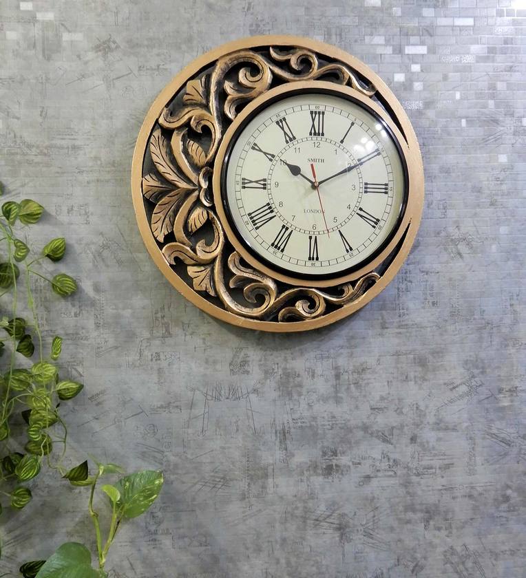 Buy Engineered Wood Round Analog Wall Clock In Golden By Disoo Fashions