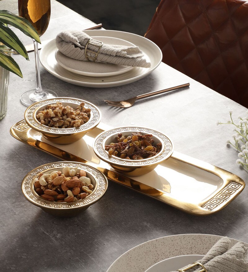 Buy Enamel Versace Design (Set of 4) Ivory & Gold Aluminium Snack Bowl