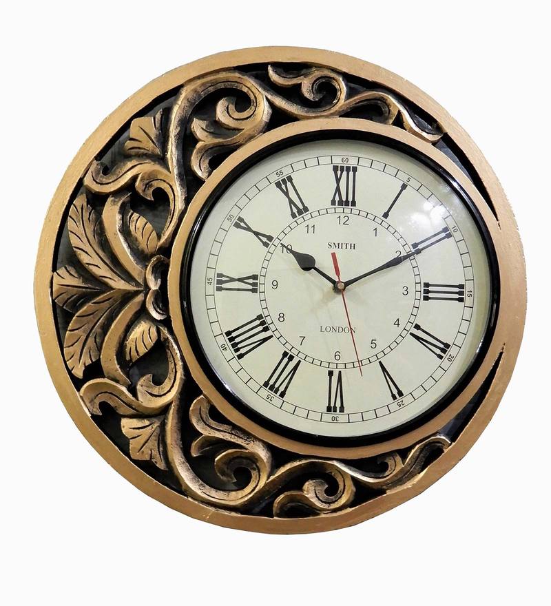 Buy Engineered Wood Round Analog Wall Clock In Golden By Disoo Fashions