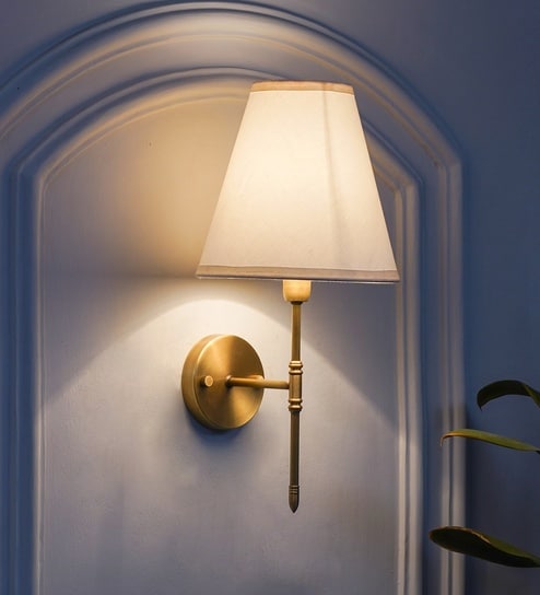 Epstein Single Light Wall Fitting In Antique Brass Finish With Cotton Off-White Shade