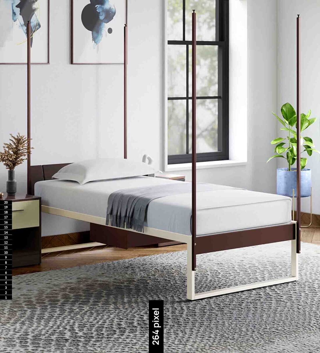 Buy EQ Steel Single Bed in Brown & White Colour With Drawer Storage at