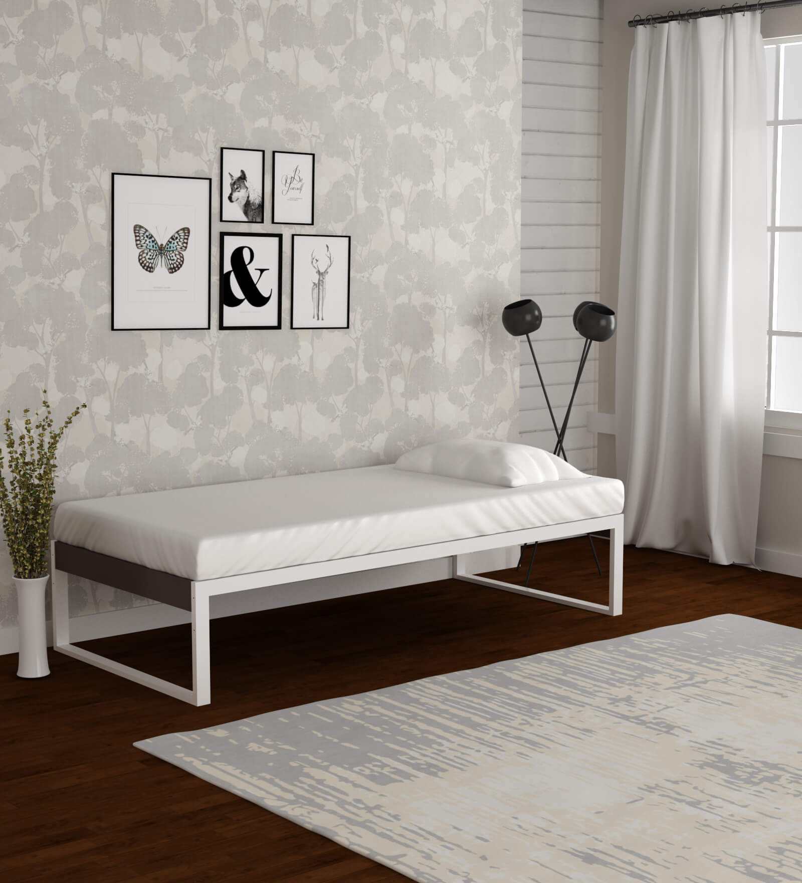 EQ Metal Single Bed in Off White & Brown Finish