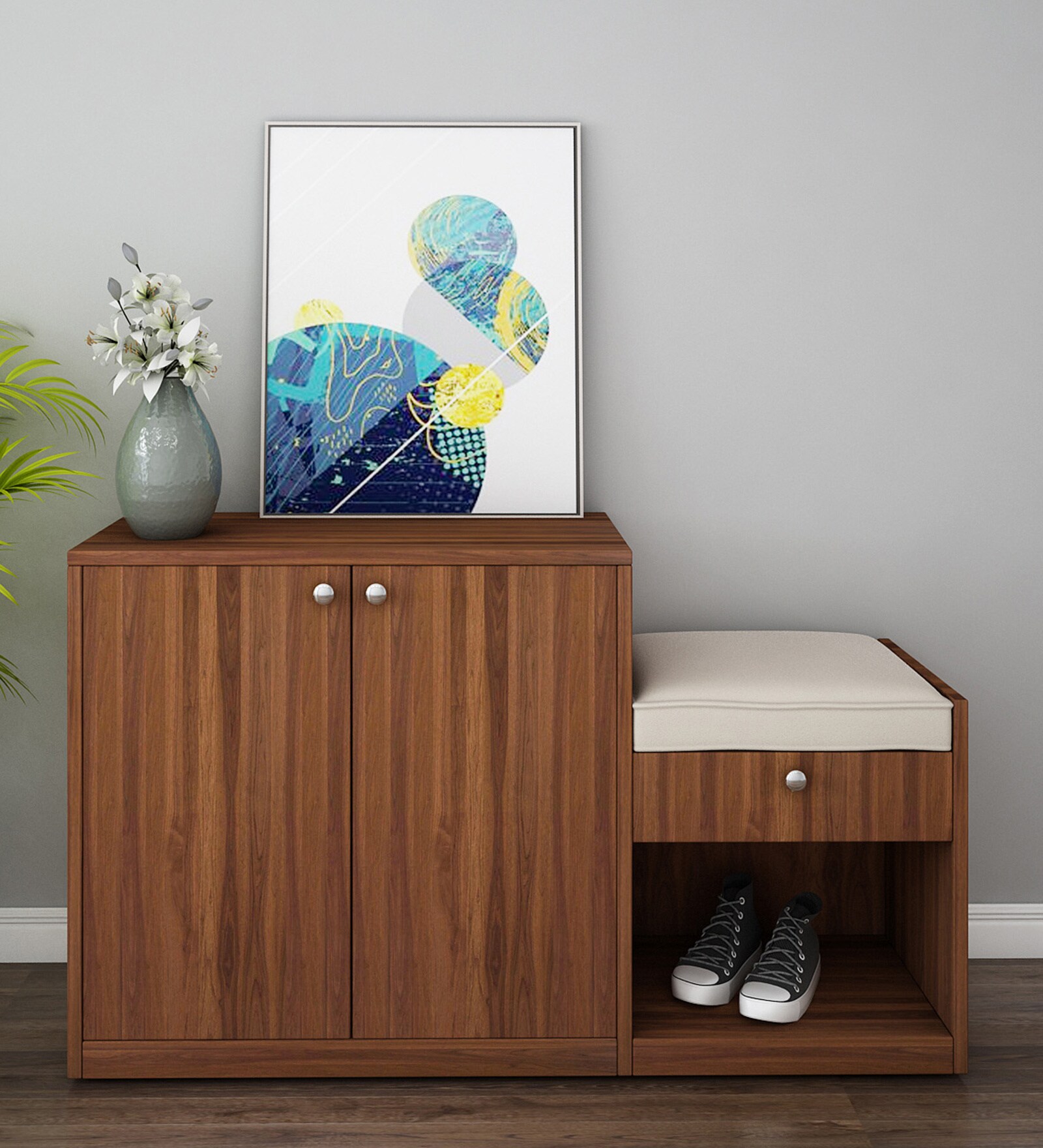 Ergad Shoe Cabinet With Seating In Walnut Finish