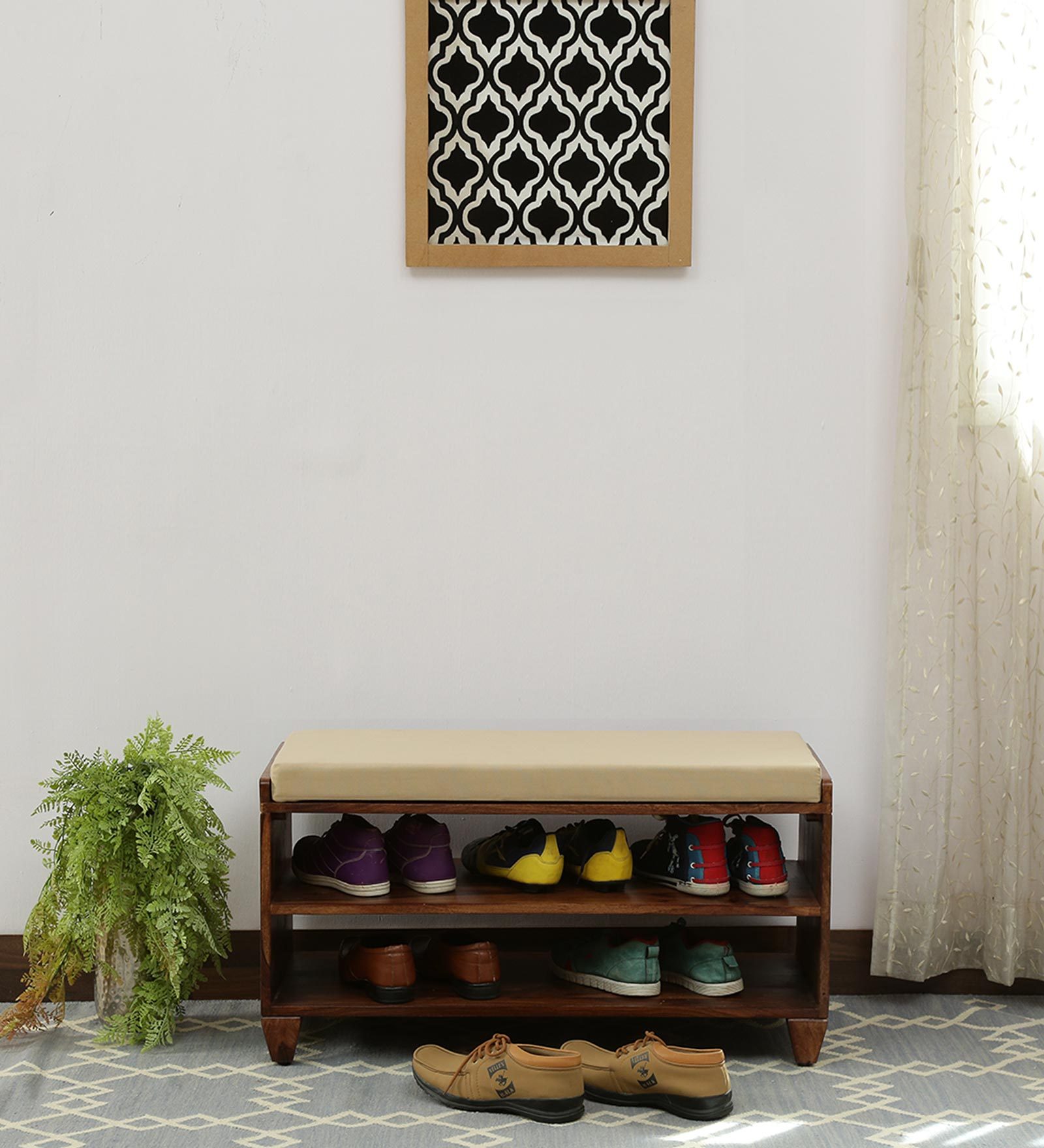 Rezzan Sheesham Wood Shoe Rack With Seating In Scratch Resistant Rustic Teak Finish