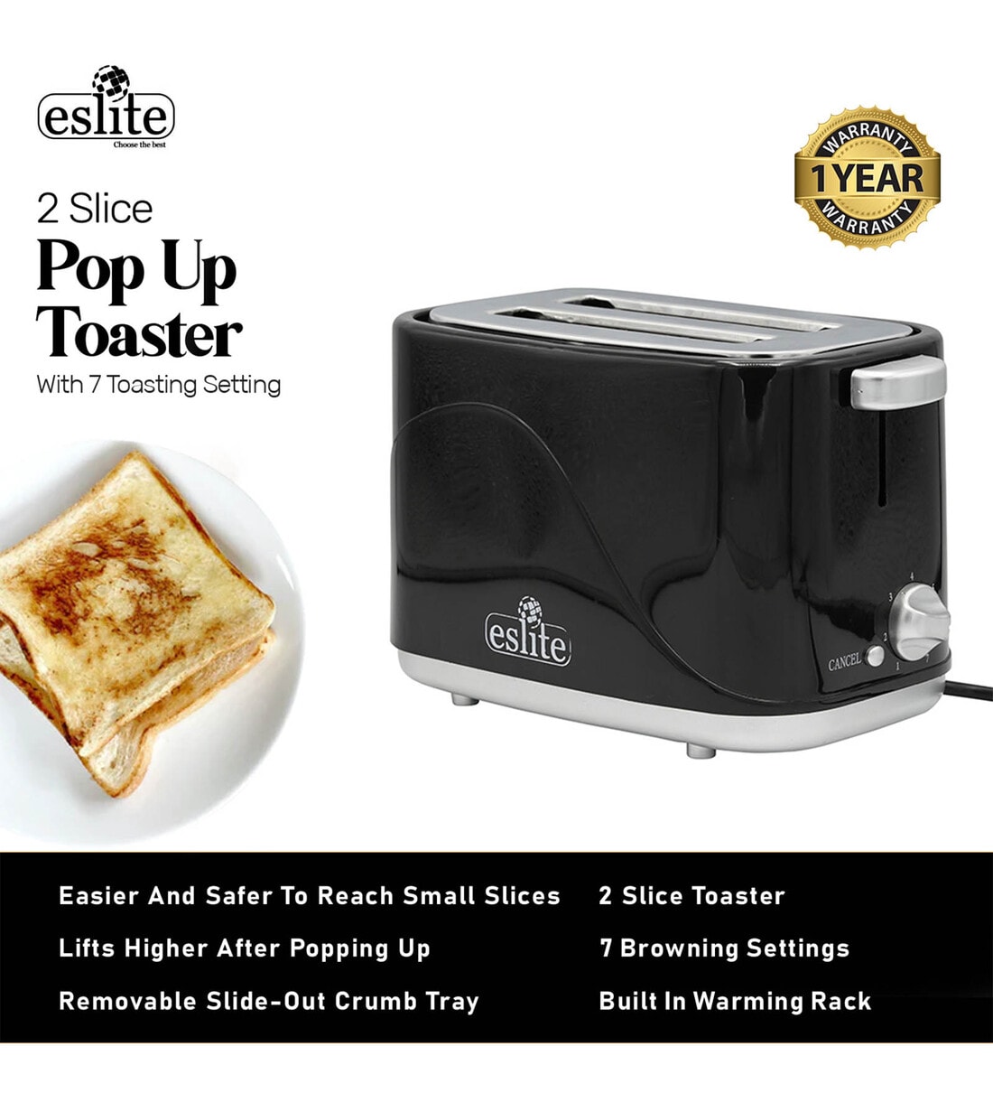 Buy Eslite 2 Slice Pop Up Toaster With 7 Toasting Setting in Black