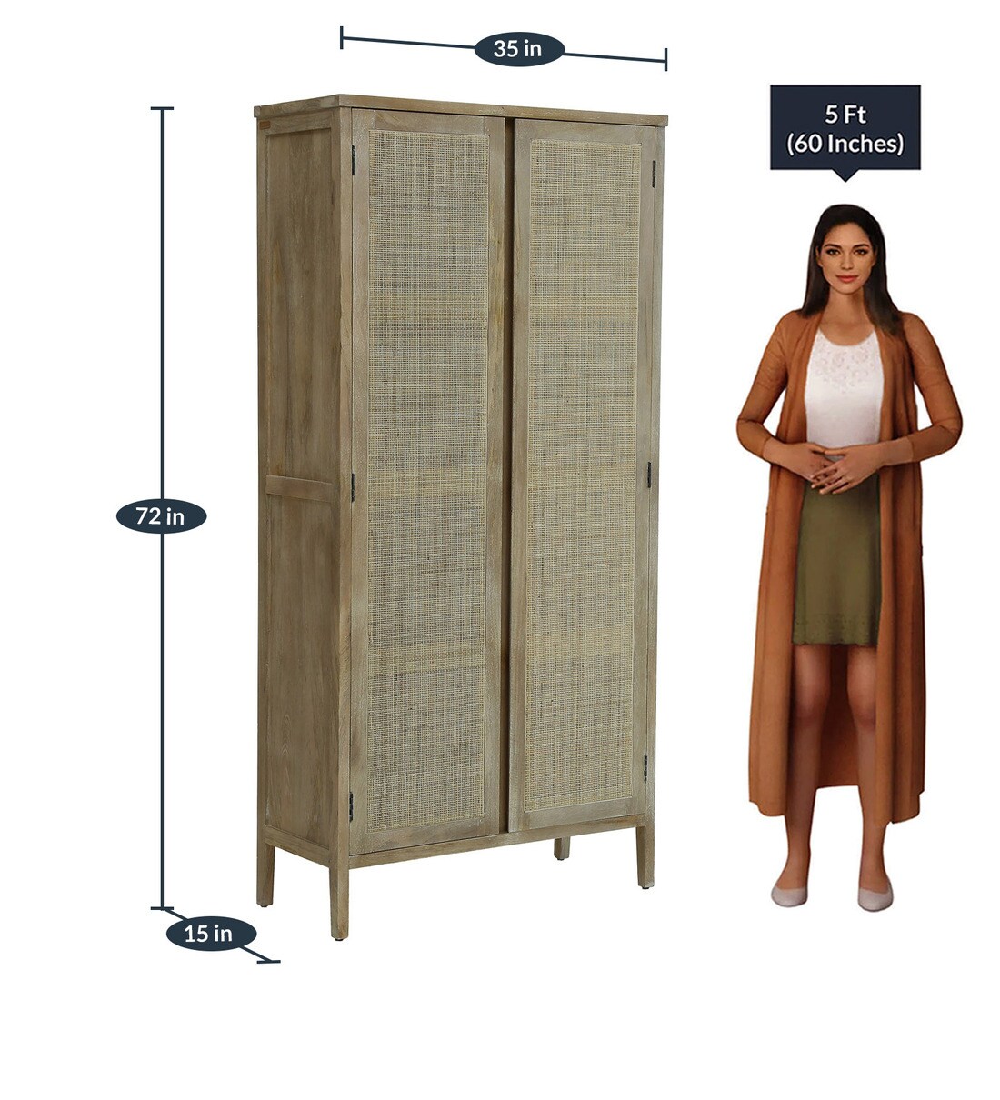 Buy Essex Solid Wood 2 Door Wardrobe with Cane Work in Heritage White