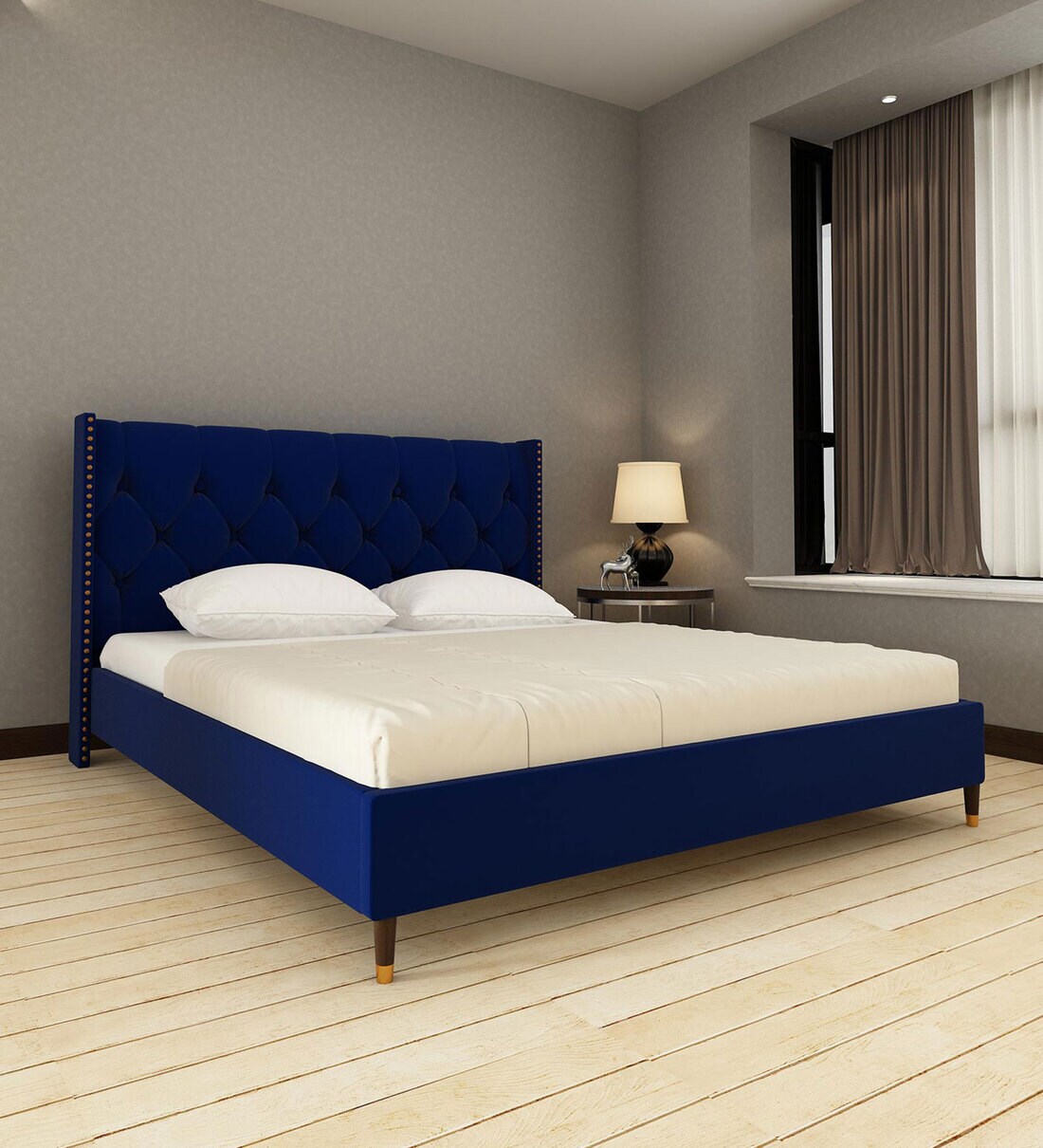 Buy Estrella Upholstered King Size Bed In Midnight Blue Colour at 2% ...