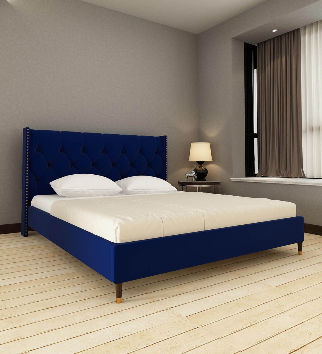 Buy Estrella Upholstered Queen Size Bed In Midnight Blue Colour at 6% ...
